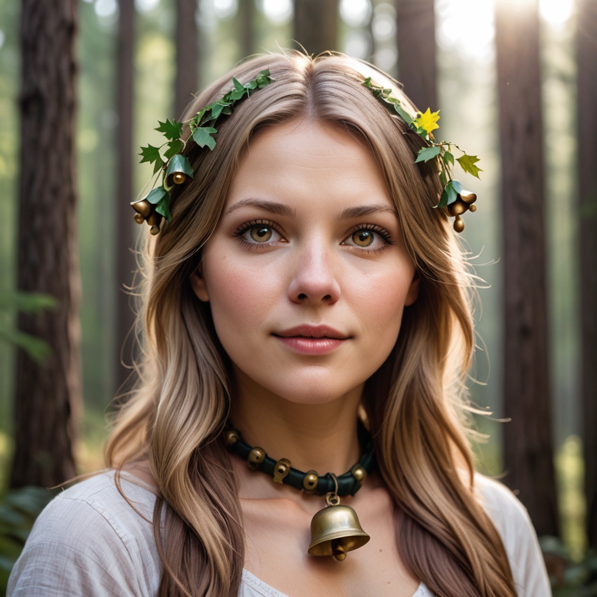 photo, woman, german, face portrait, forest background, wearing with bells, natural light